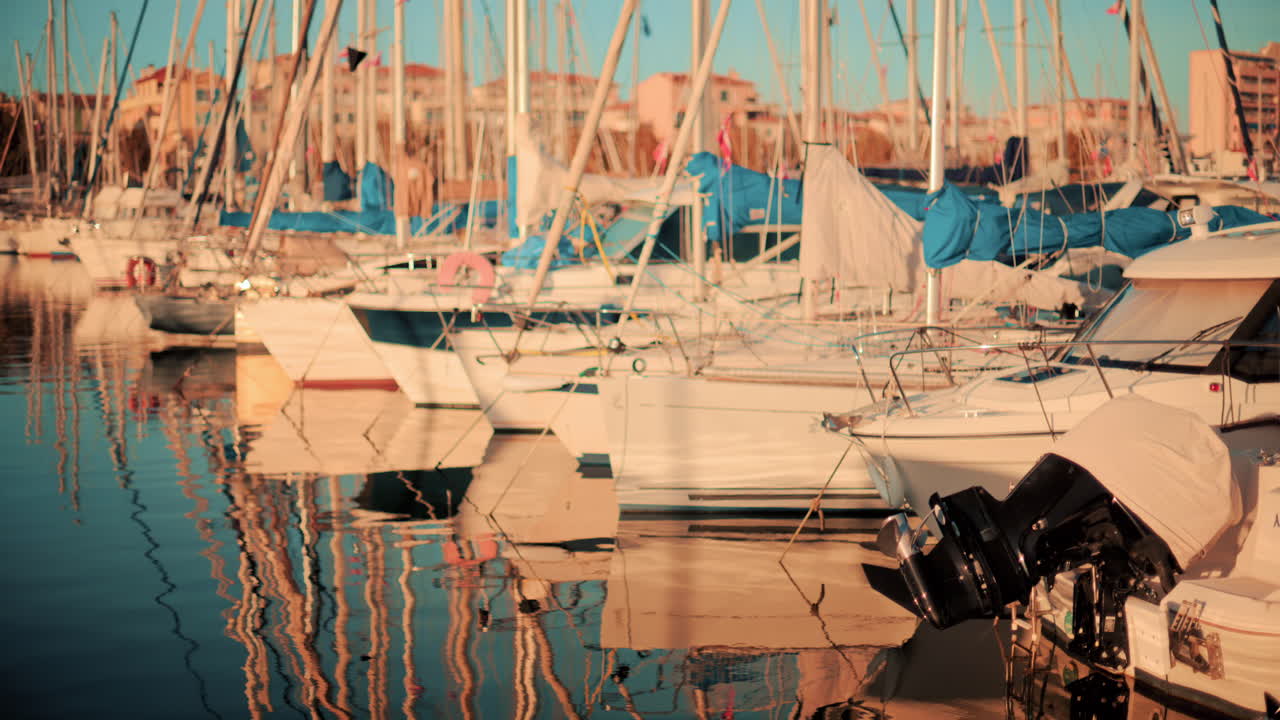 Close up view of multiple sailboats docked in a marina, illuminated by warm evening sunlight