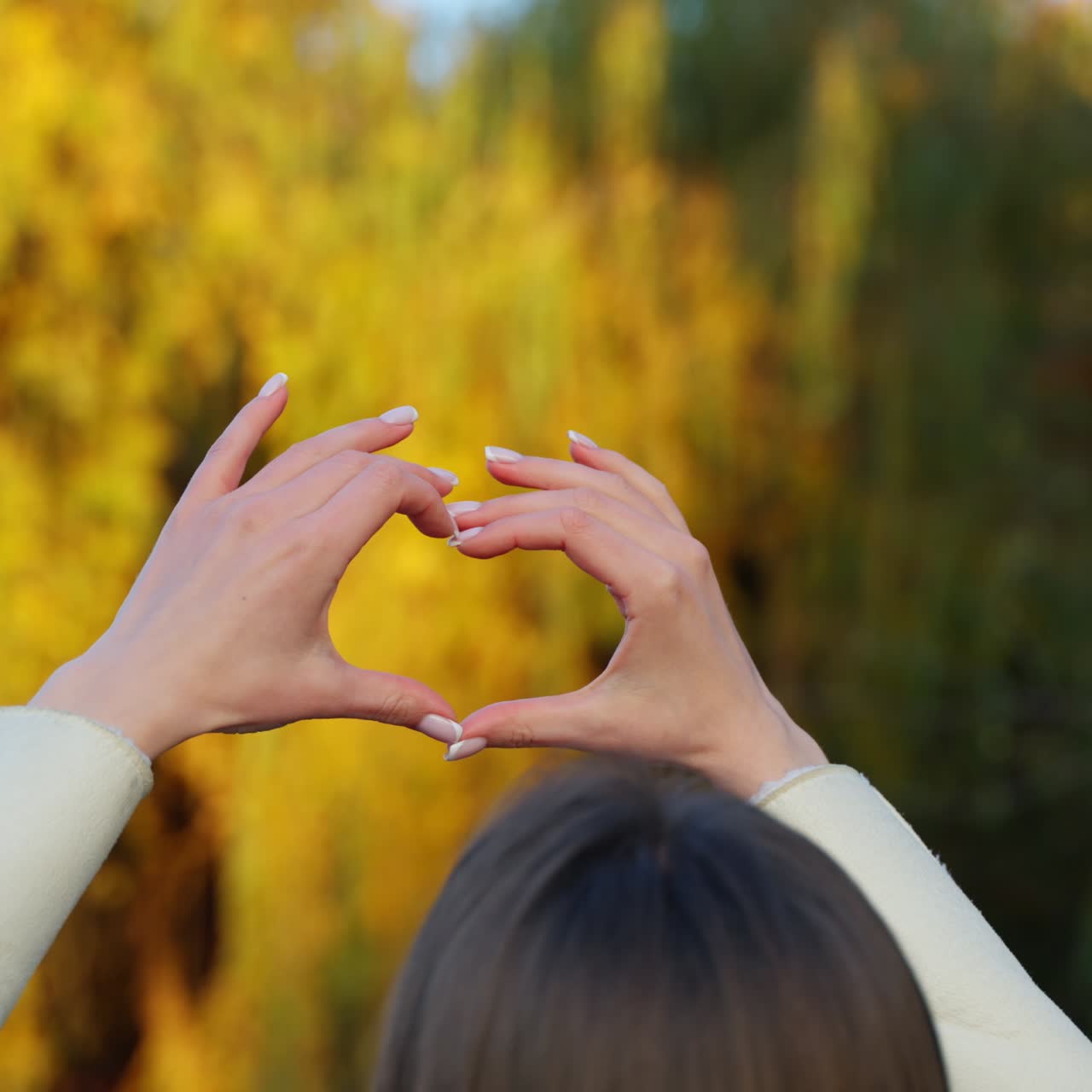 Unknown brunette outdoors holds up her hands to make the heart sign. Beautiful sunny autumn colorful trees at backdrop in blur