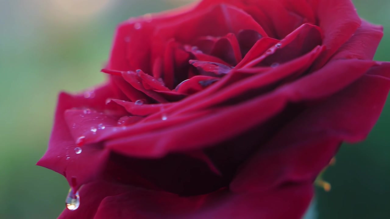 Rallentatore di una goccia d'acqua che cade da un petalo di rosa rossa