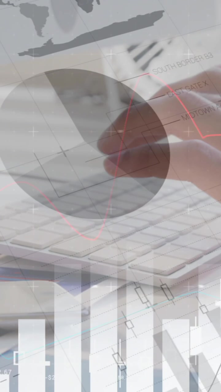 Uomo che digita sulla tastiera con l'animazione di dati finanziari sullo sfondo 4K