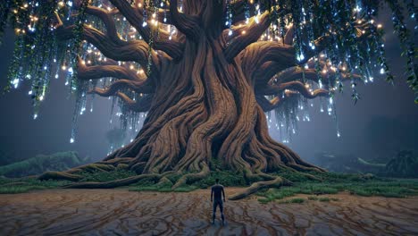 a man standing before a glowing, ancient tree