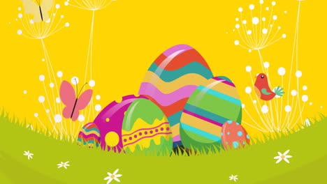 animation of easter eggs on grass over green and yellow background