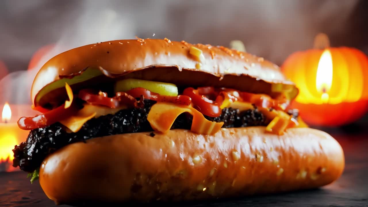 un perrito caliente espeluznante de halloween con calabazas