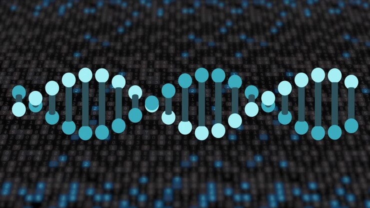 Animazione di una doppia elica di DNA blu rotante su luci blu scintillanti su sfondo scuro.