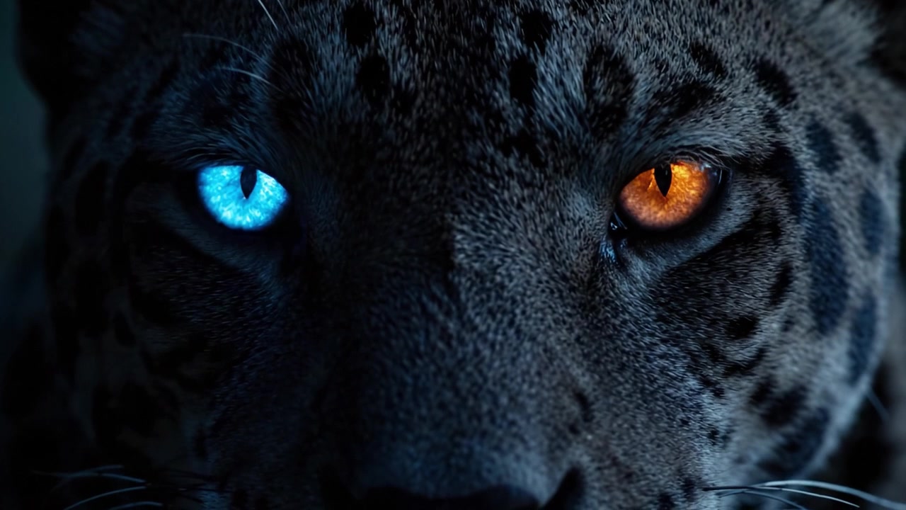 Un primo piano sorprendente di un misterioso grande felino con occhi bicolori, che cattura l'attenzione con il suo sguardo ammaliante e la colorazione unica degli occhi.