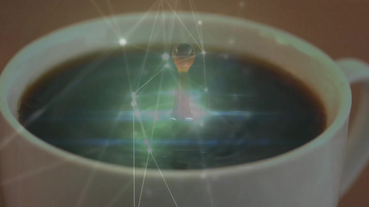 Droplet dropping in coffee cup starting ripples and network overlay pulsing showing connectivity