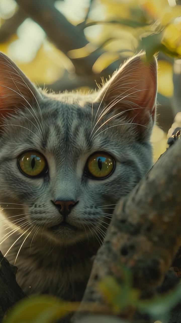 Vertical video: Panning camera filming grey tabby emerging from tree foliage blinking tilting head