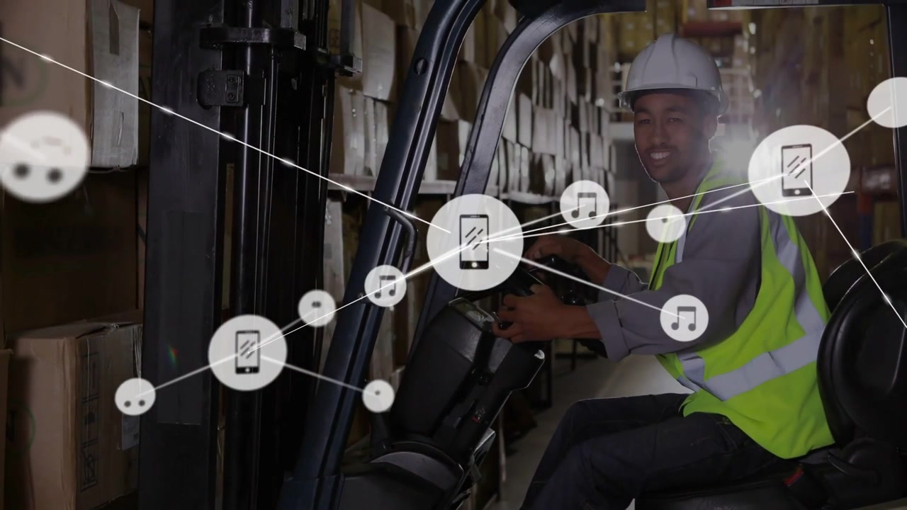 Operator adjusting controls, scanning aisle as phone music overlay grows, mapping warehouse network
