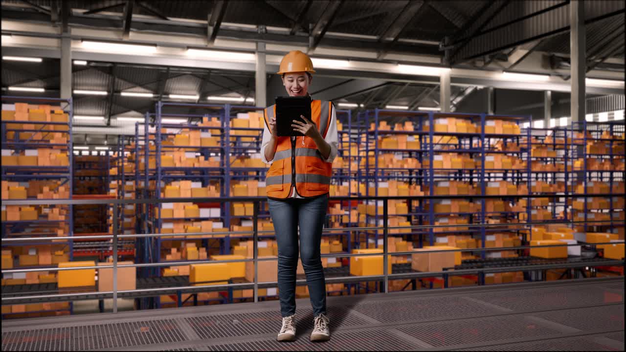 cuerpo lleno de ingeniera femenina asiática con casco de seguridad trabajando en una tableta mientras estaba de pie en el almacén con estantes llenos de bienes de entrega