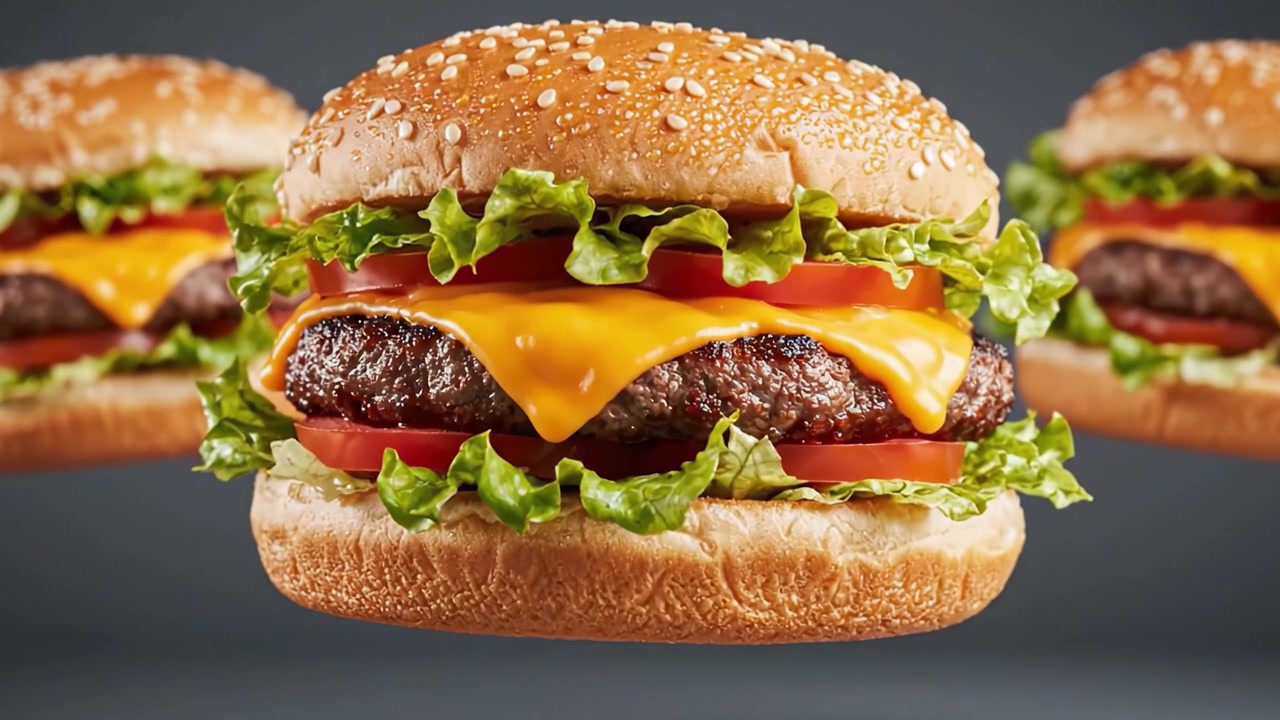 Hamburger appetitosi: una deliziosa vetrina di succulenti cheeseburger con ingredienti freschi che fluttuano su uno sfondo minimalista.