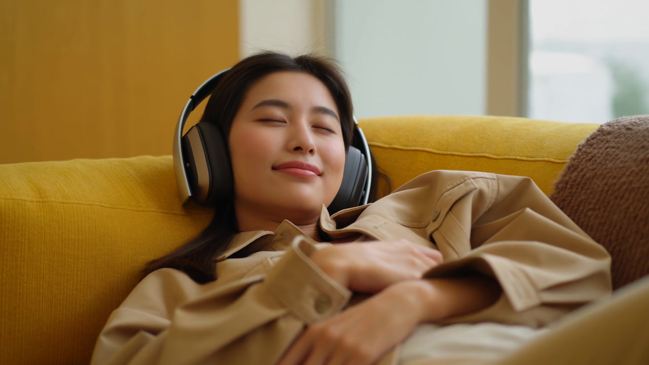 Asian Woman Relaxing On Yellow Sofa Wearing Overear Headphones, Eyes Closed And Smiling Softly, Cozy Beige