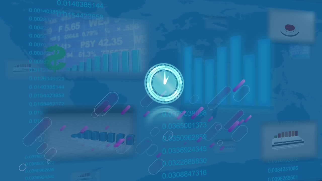 Animation of moving clock over purple lines and data processing