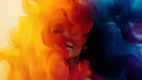 vibrant woman with colorful hair surrounded by swirling smoke