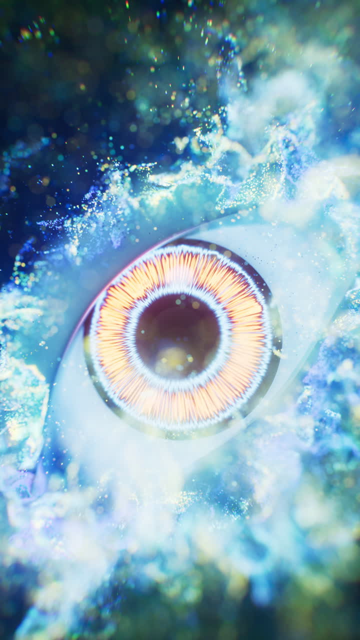 An eye in the dark with vfx particles, 3d rendering.