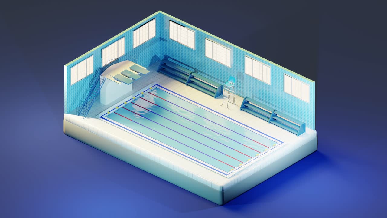 3D isometric animation render of indoor swimming pool