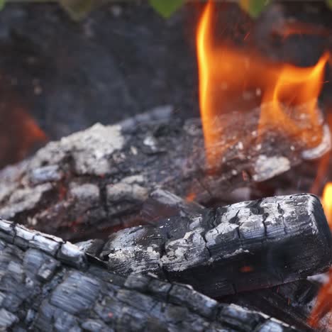 smoldering charcoals in grill. wooden stick turning over smoldered logs in fire. burning wood in fire. sparks in fire over smoldered logs. close-up.