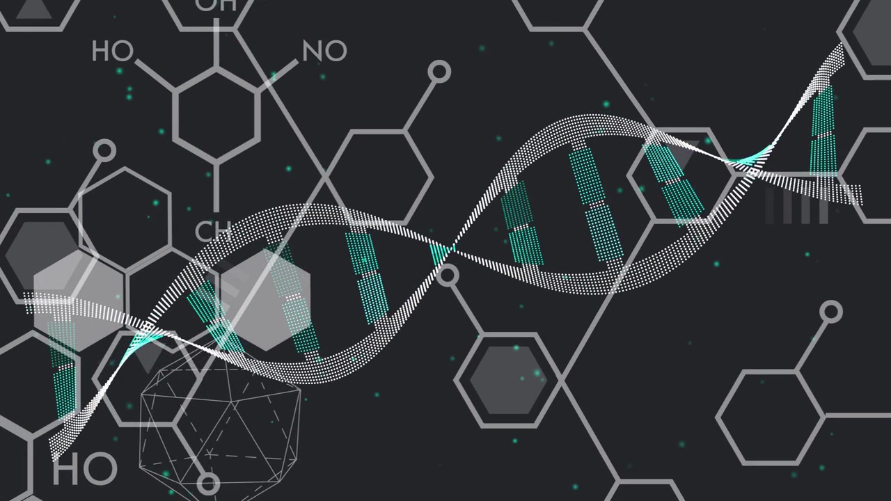 Impulso che parte da sinistra, elica del DNA che oscilla, barre color verde acqua che pulsano, esagoni che si spostano, visualizzando molecole.