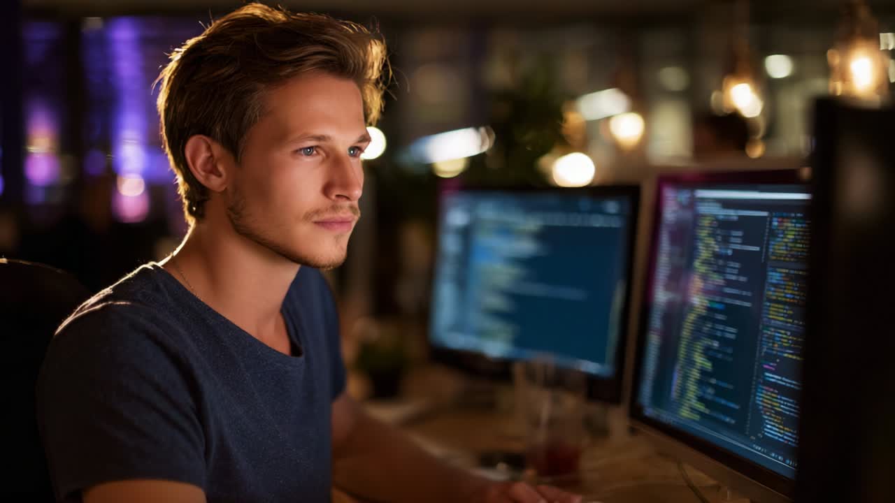 Focused Individual Engaged in Computer Programming in a Modern Workspace, Surrounded by Multiple Monitors Displaying Code and Technical Information, Set Against a Softly Lit Background with Ambient Lighting