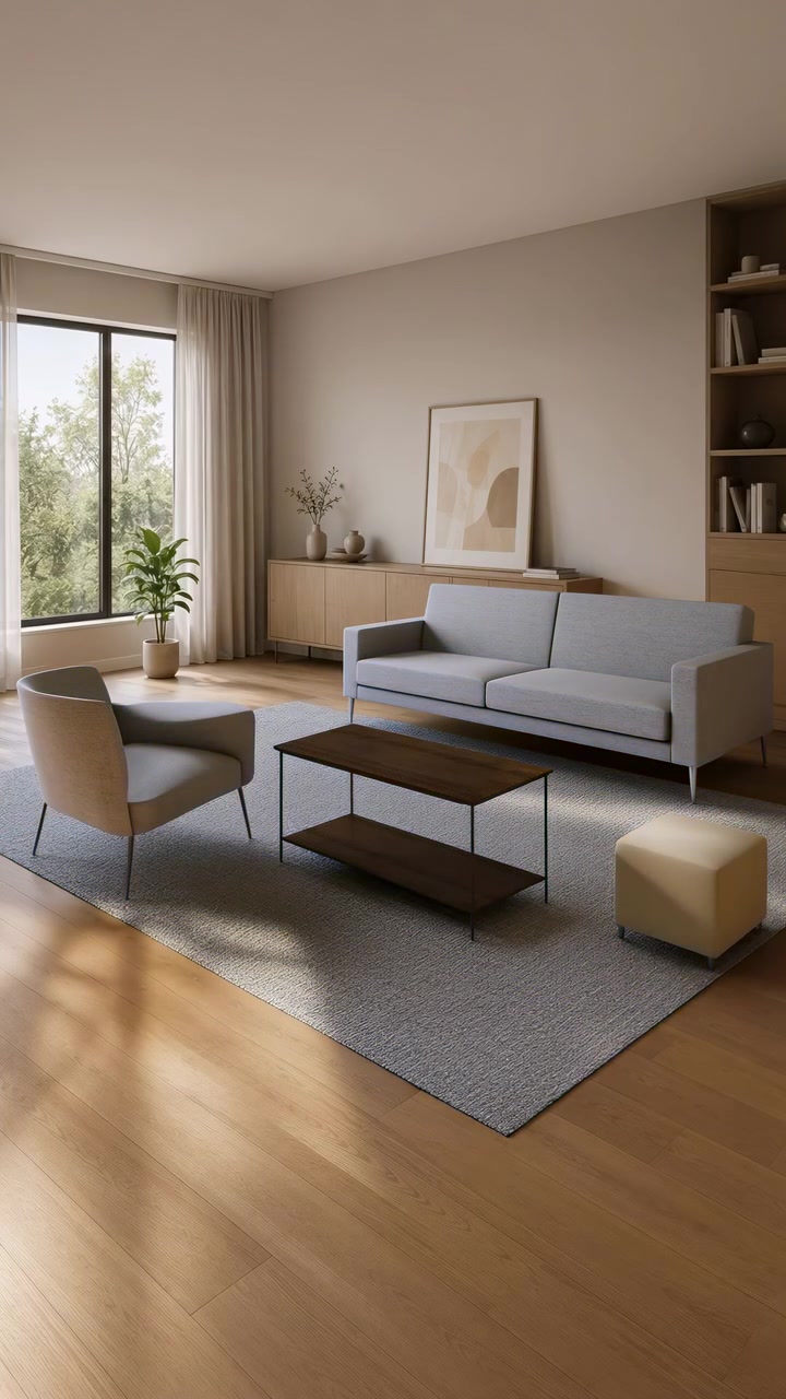 Muebles de estructura alámbrica holográfica se transforman en piezas físicas dentro de una sala de estar minimalista y luminosa, revelando un sofá, sillas, mesa, alfombra, plantas y una decoración cálida y neutra bajo una luz diurna suave