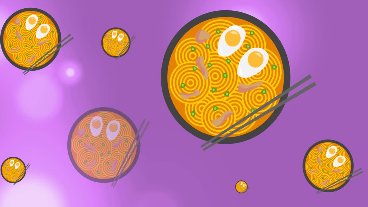 Animation of bowls of noodles with eggs and chopsticks over moving bokeh lights on purple background