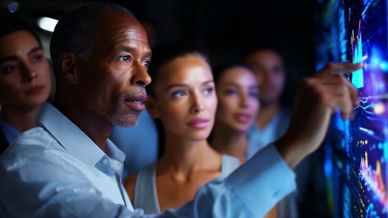 A Group of Professionals Analyze Data on a Virtual Display, Focusing on Insights and Trends to Drive Strategic Decisions in an Engaging Collaborative Environment