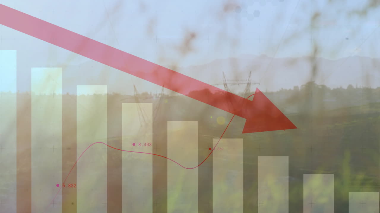 Animation of red downward arrow and bar graph over power lines in landscape