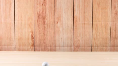 a golf ball rolls across a wooden floor