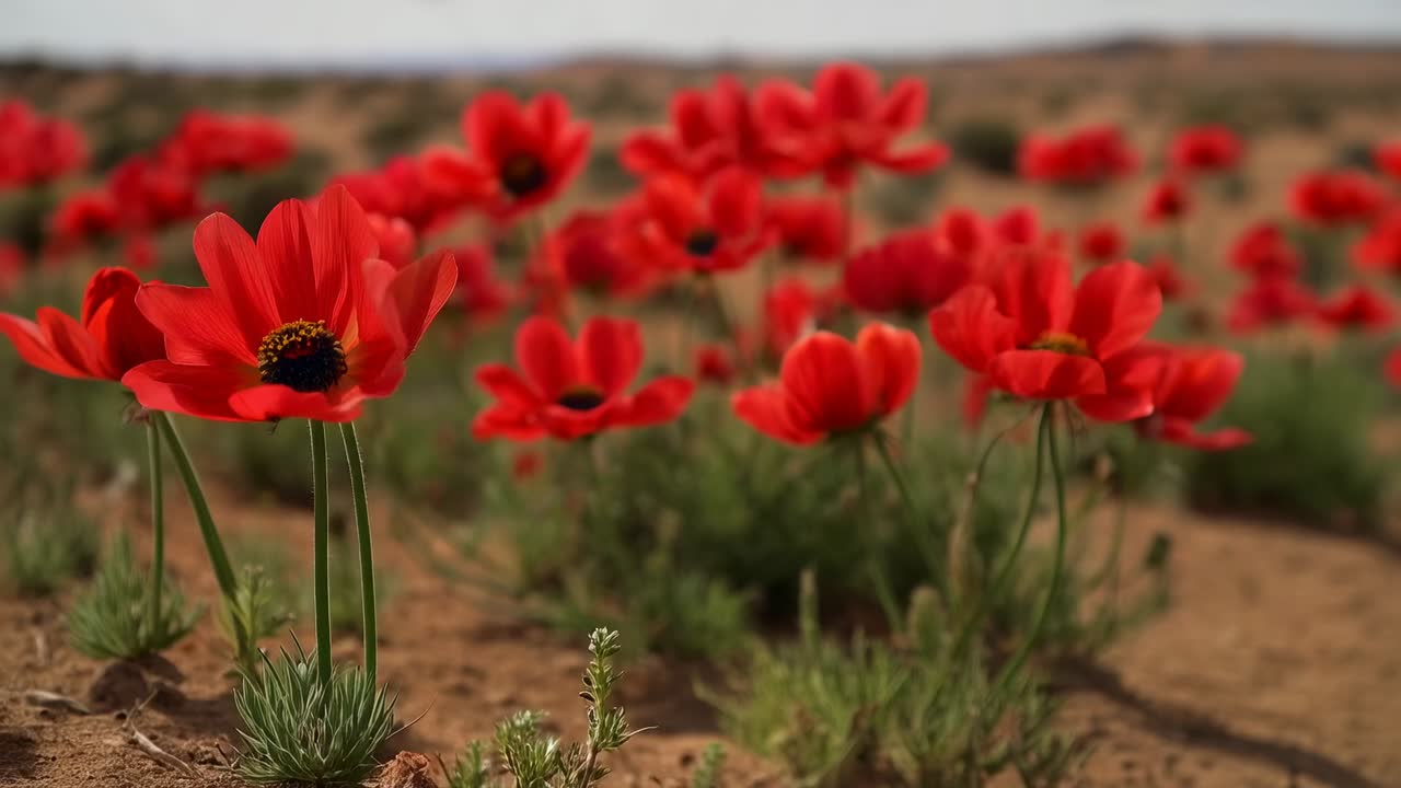 Inquadratura bassa con camera in avvicinamento che si muove attraverso il deserto, mostrando papaveri rosso vivo e rivelando un gruppo più folto