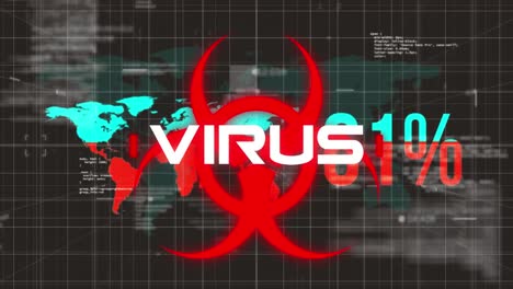 animation of covid 19 text and biohazard symbol over world map