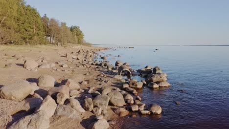 rocky beach shore with many boulders and blue sea nordic nature, naked trees