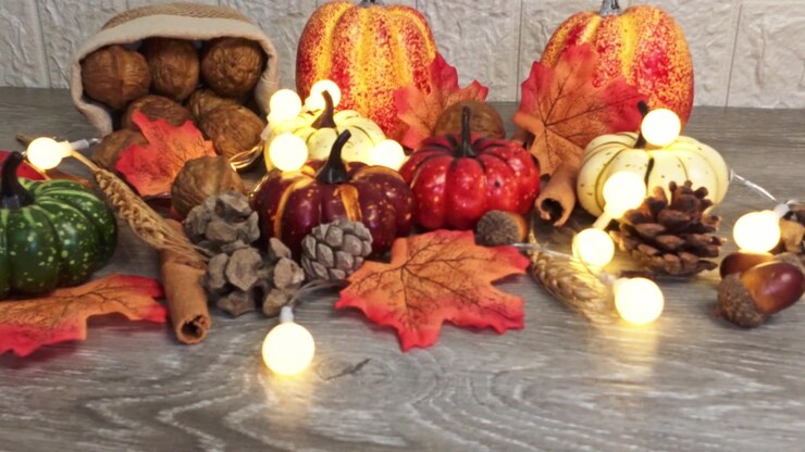 Autumn thanksgiving decoration with pumpkins and walnuts