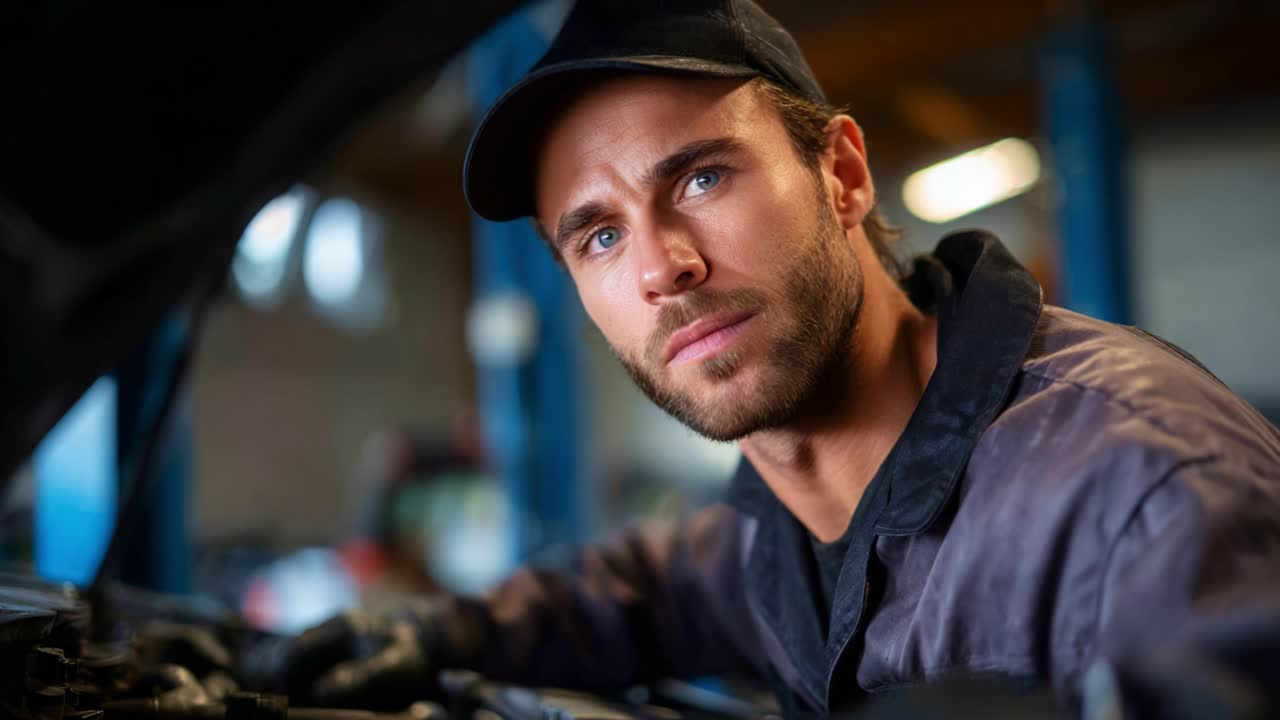 Konzentrierter Kfz-Mechaniker, der Motorprobleme unter der Haube mit intensivem Blick in einer Autowerkstatt diagnostiziert und Fachwissen und Liebe zum Detail demonstriert