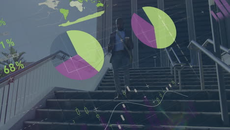 man climbing stairs in finance technology scene, presenting floating pie charts and world map