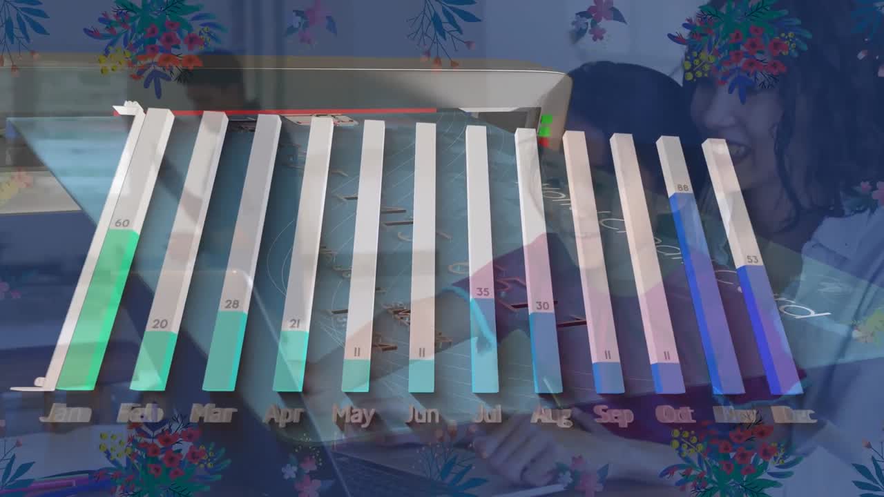 animación de procesamiento de datos sobre madre biracial con hija usando portátil