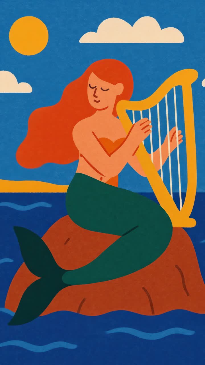 Sirena illustrata che suona l'arpa su una roccia nell'oceano