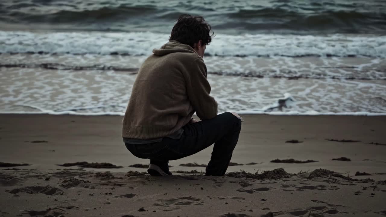 A contemplative scene of a person crouching on a beach, viewed from behind at a low angle