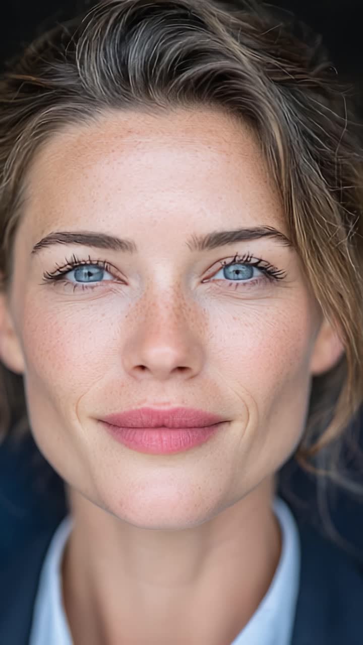 Incantevole primo piano di una donna sorridente con lentiggini e sorprendenti occhi azzurri, che mette in mostra la sua espressione radiosa e la sua bellezza naturale in un ambiente accogliente