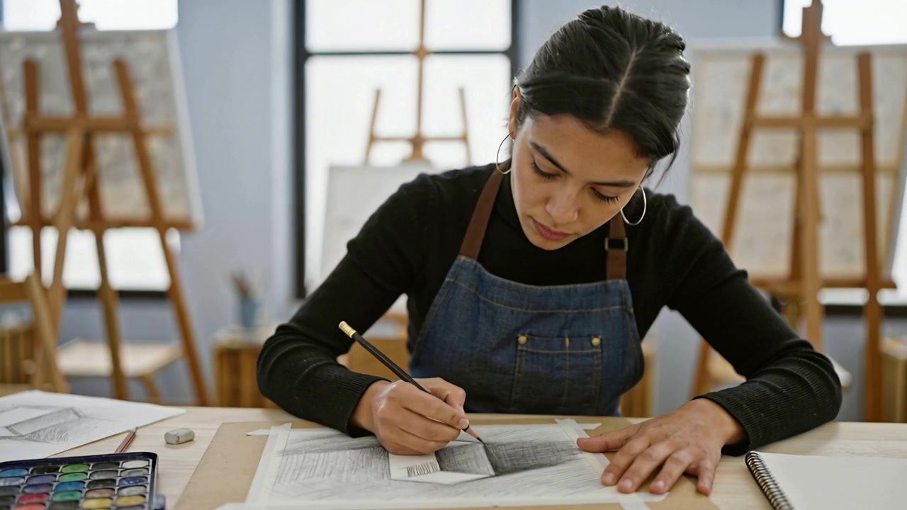 Artista chinato in avanti, con un grembiule di jeans, che si esercita nello studio di forme geometriche al tavolo, usando matita e gomma.