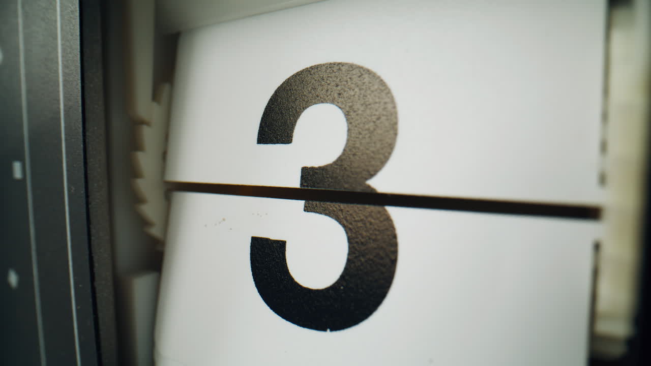 Flip clock changing panels closeup. Vintage flipclock showing black numbers