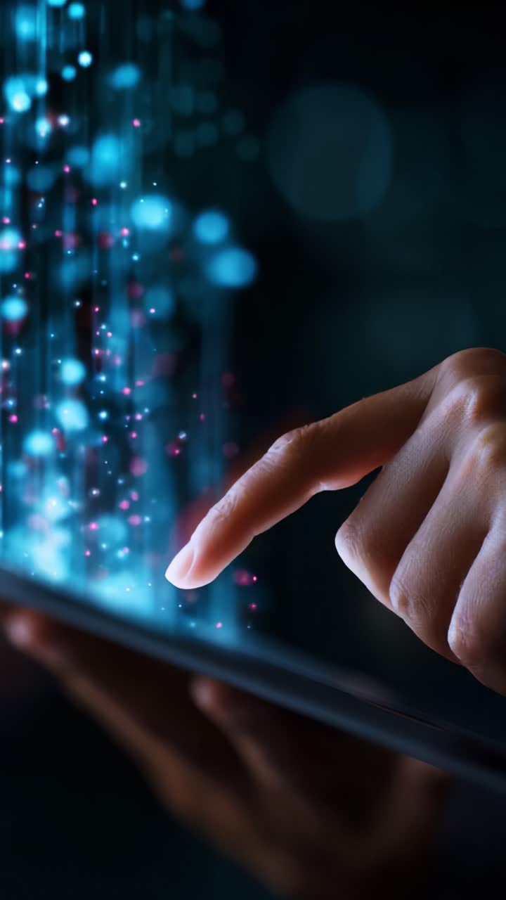 An Engaging Interaction with Technology: Capturing the Moment of Touching a Digital Screen as Colorful Data Interacts with a User's Hand in a Futuristic Setting