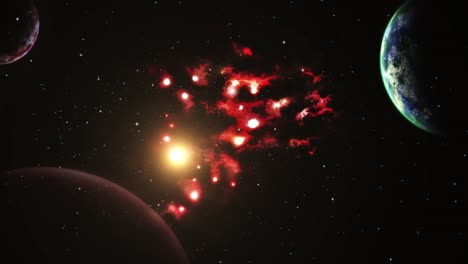 a cloud of nebulae and a bright star against the foreground of three planets