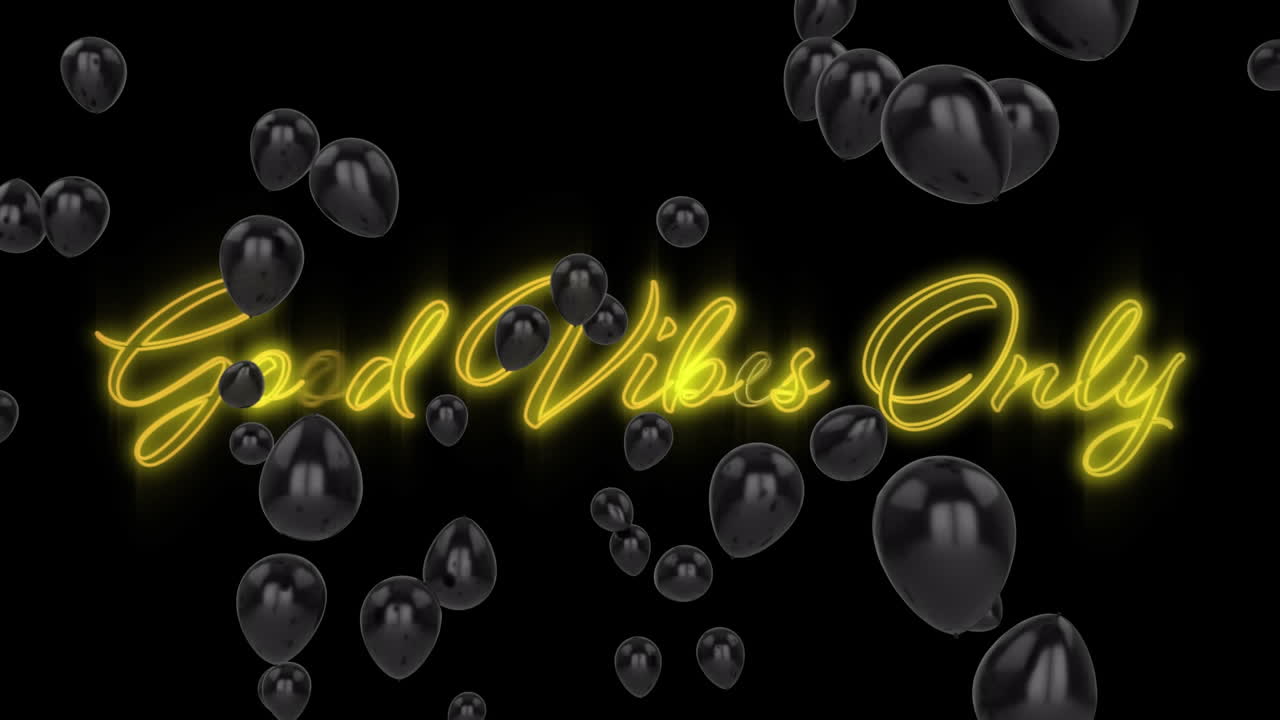 animación de texto sólo buenas vibraciones, en neón amarillo con globos negros sobre fondo negro