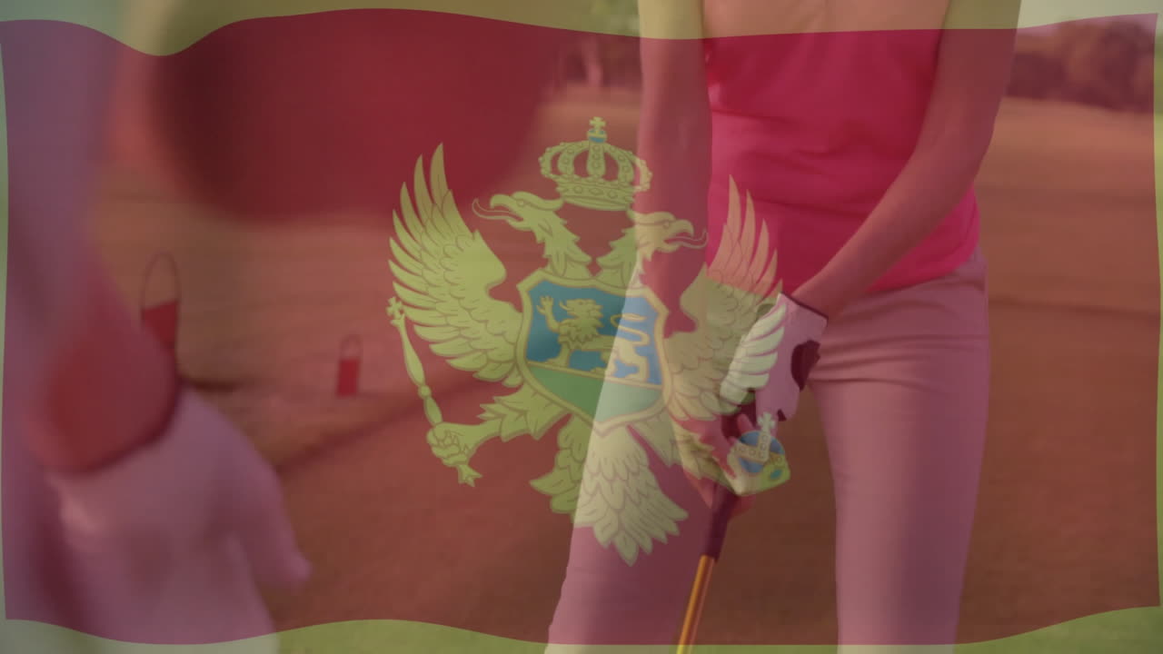 Female golfer swinging on golf fairway, Montenegrin flag overlay and red tee markers for health