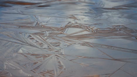 Un-Hermoso-Patrón-En-La-Fina-Capa-De-Hielo-En-La-Superficie-Del-Estanque-Poco-Profundo