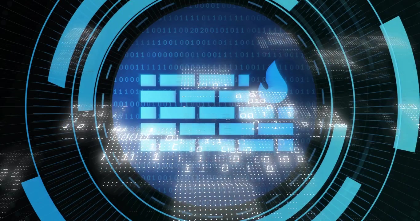 Starting network landscape, data blocks drifting rings expanding around firewall icon for security
