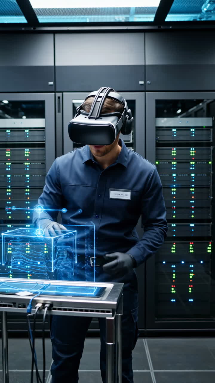 IT Professional Using VR/AR to Interact with Data in a Server Room ...