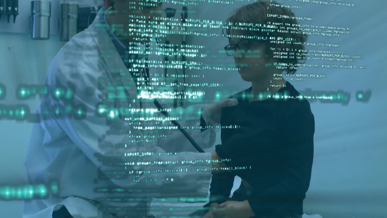 Data processing against male doctor examining young boy