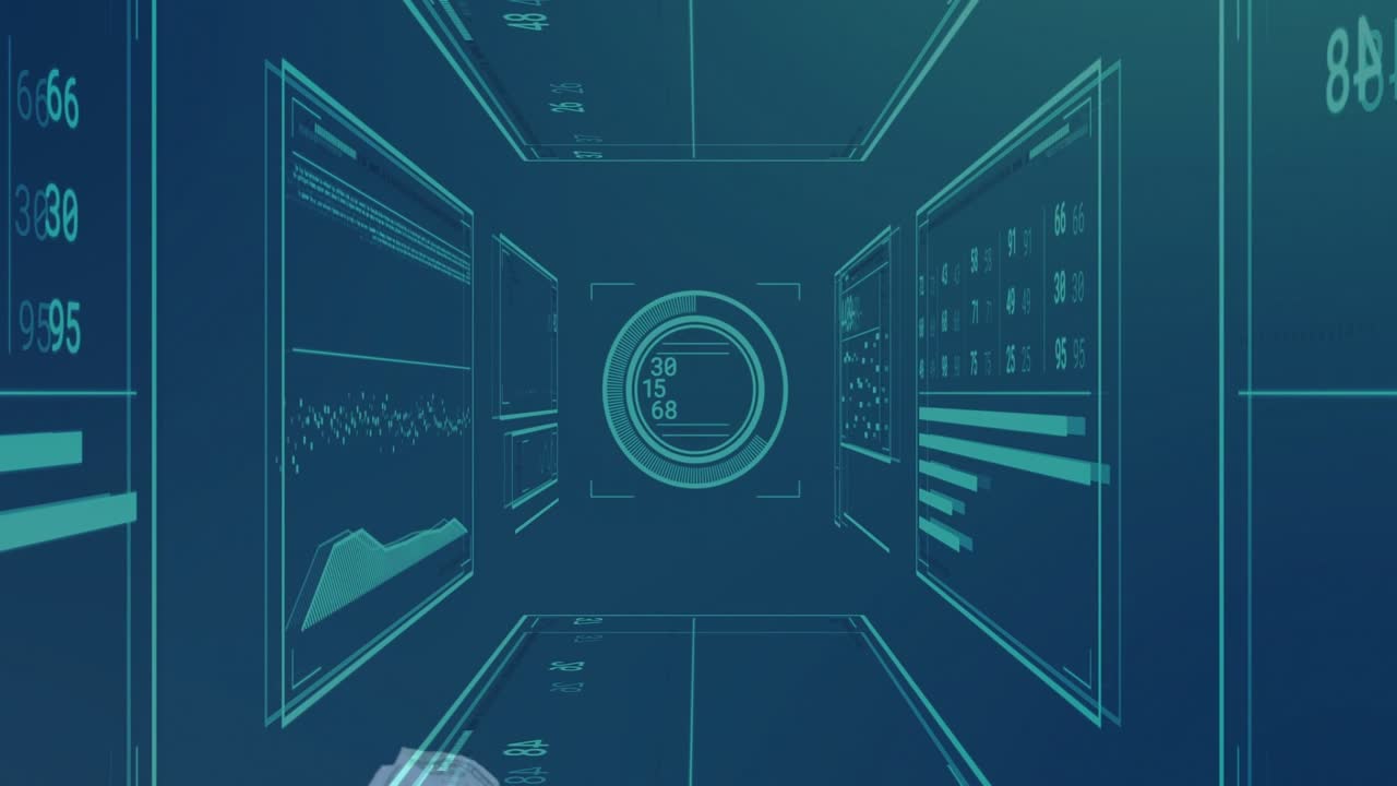 3D corridor updating on data pulse, HUD changing numbers, hands flipping bills, visualizing finance