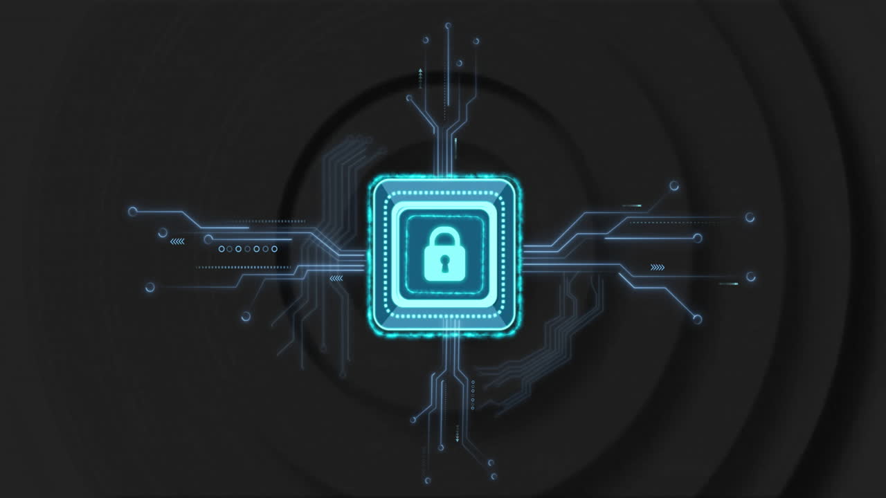 glowing padlock icon floating in microchip with neon circuit traces extending in 3D render