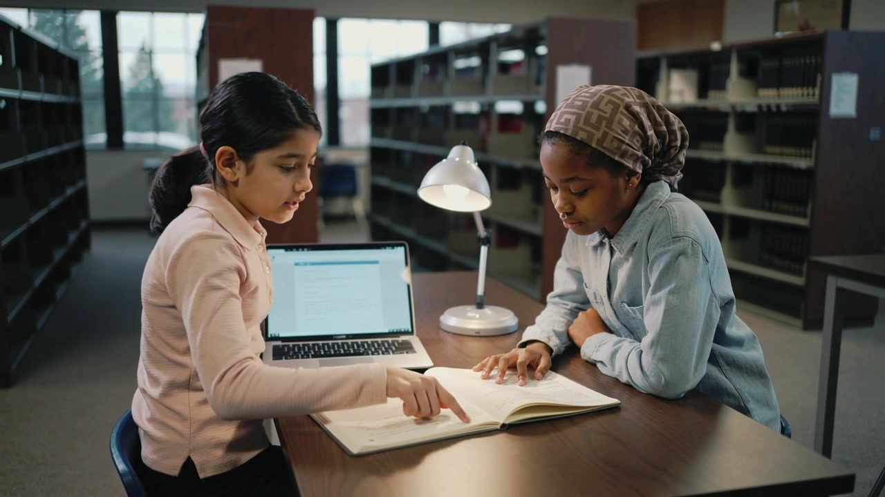 Angling left girl adjusting laptop screen at library table, pointing to open book for studying